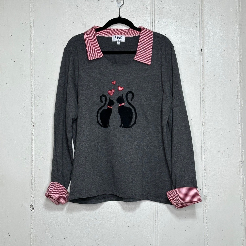 C&K‎ Designs Cat Heart Sweatshirt Long Sleeve Gingham Collar Gray XL
